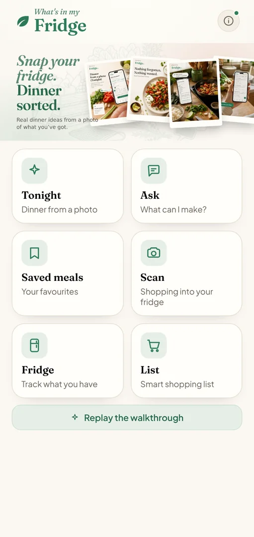 The home screen of What’s in my Fridge, with Tonight, Ask, Saved meals, Scan, Fridge and List
